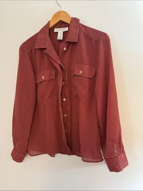 ✅ JONES NEW YORK Vintage Retro Long Sleeve Button Down Striped Blouse Shirt -Red
